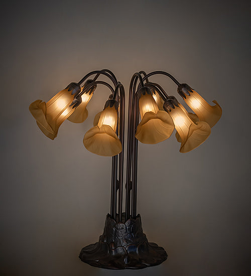 Meyda Lighting Tiffany Pond Lily 25" 10-Light Mahogany Bronze Table Lamp With Amber Shade Glass