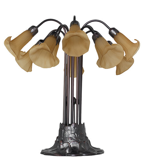 Meyda Lighting Tiffany Pond Lily 25" 10-Light Mahogany Bronze Table Lamp With Amber Shade Glass