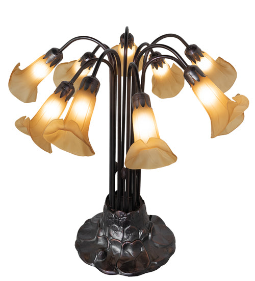 Meyda Lighting Tiffany Pond Lily 25" 10-Light Mahogany Bronze Table Lamp With Amber Shade Glass
