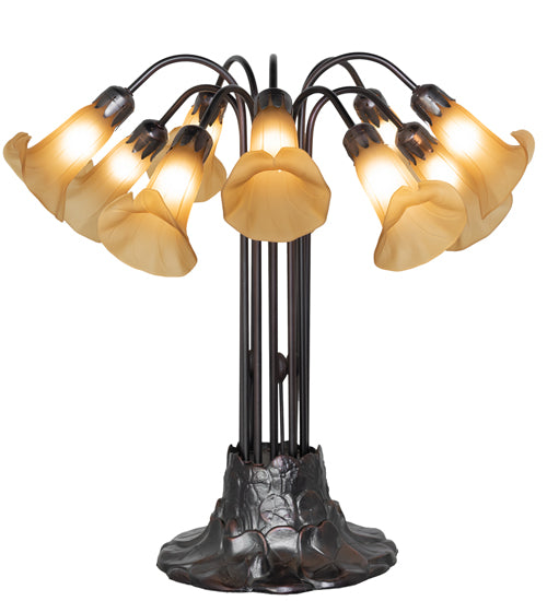Meyda Lighting Tiffany Pond Lily 25" 10-Light Mahogany Bronze Table Lamp With Amber Shade Glass