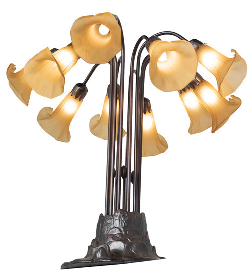 Meyda Lighting Tiffany Pond Lily 25" 10-Light Mahogany Bronze Table Lamp With Amber Shade Glass