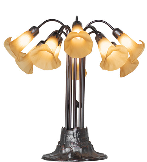Meyda Lighting Tiffany Pond Lily 25" 10-Light Mahogany Bronze Table Lamp With Amber Shade Glass