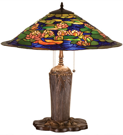 Meyda Lighting Tiffany Pond Lily 25" 3-Light Mahogany Bronze Table Lamp With Multi-Colored Shade Glass