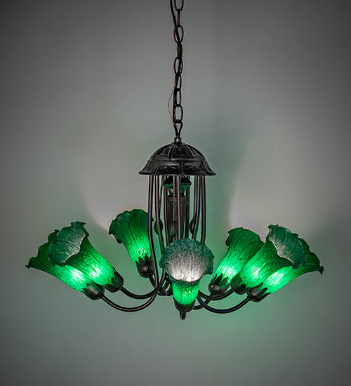 Meyda Lighting Tiffany Pond Lily 251578 24" 7-Light Mahogany Bronze Chandelier With Green Shade Glass