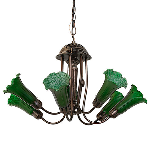 Meyda Lighting Tiffany Pond Lily 251578 24" 7-Light Mahogany Bronze Chandelier With Green Shade Glass