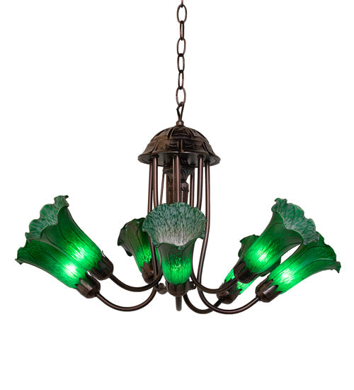 Meyda Lighting Tiffany Pond Lily 251578 24" 7-Light Mahogany Bronze Chandelier With Green Shade Glass