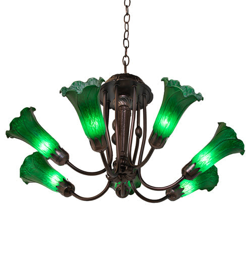 Meyda Lighting Tiffany Pond Lily 251578 24" 7-Light Mahogany Bronze Chandelier With Green Shade Glass