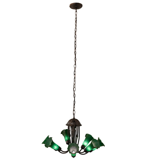 Meyda Lighting Tiffany Pond Lily 251578 24" 7-Light Mahogany Bronze Chandelier With Green Shade Glass