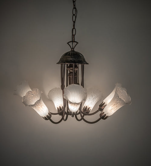 Meyda Lighting Tiffany Pond Lily 251580 24" 7-Light Mahogany Bronze Chandelier With White Shade Glass