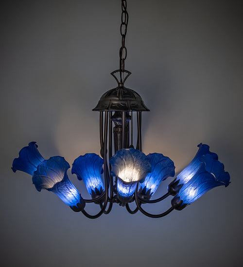 Meyda Lighting Tiffany Pond Lily 251581 24" 7-Light Mahogany Bronze Chandelier With Blue Shade Glass