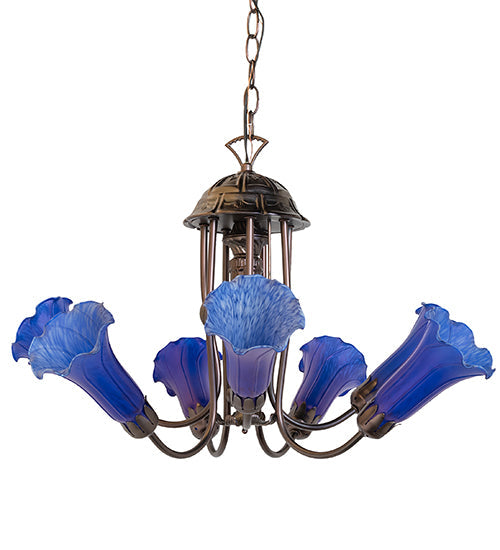 Meyda Lighting Tiffany Pond Lily 251581 24" 7-Light Mahogany Bronze Chandelier With Blue Shade Glass