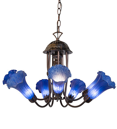 Meyda Lighting Tiffany Pond Lily 251581 24" 7-Light Mahogany Bronze Chandelier With Blue Shade Glass