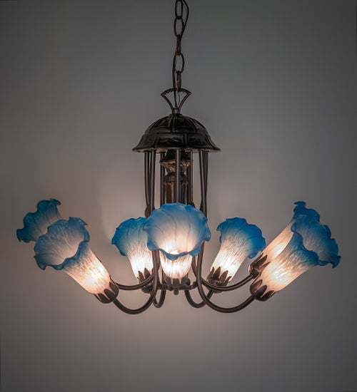 Meyda Lighting Tiffany Pond Lily 251584 24" 7-Light Mahogany Bronze Chandelier With Pink & Blue Shade Glass