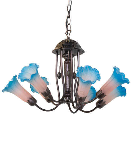 Meyda Lighting Tiffany Pond Lily 251584 24" 7-Light Mahogany Bronze Chandelier With Pink & Blue Shade Glass