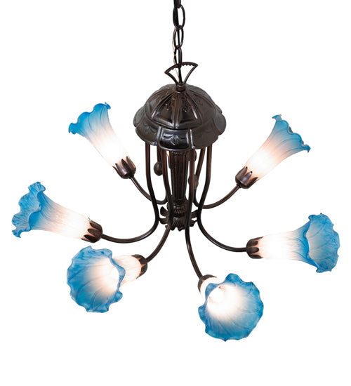 Meyda Lighting Tiffany Pond Lily 251584 24" 7-Light Mahogany Bronze Chandelier With Pink & Blue Shade Glass