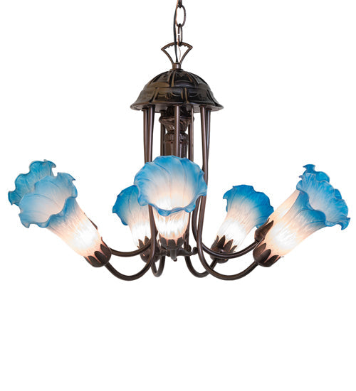 Meyda Lighting Tiffany Pond Lily 251584 24" 7-Light Mahogany Bronze Chandelier With Pink & Blue Shade Glass