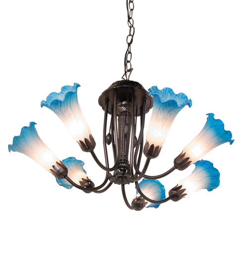Meyda Lighting Tiffany Pond Lily 251584 24" 7-Light Mahogany Bronze Chandelier With Pink & Blue Shade Glass