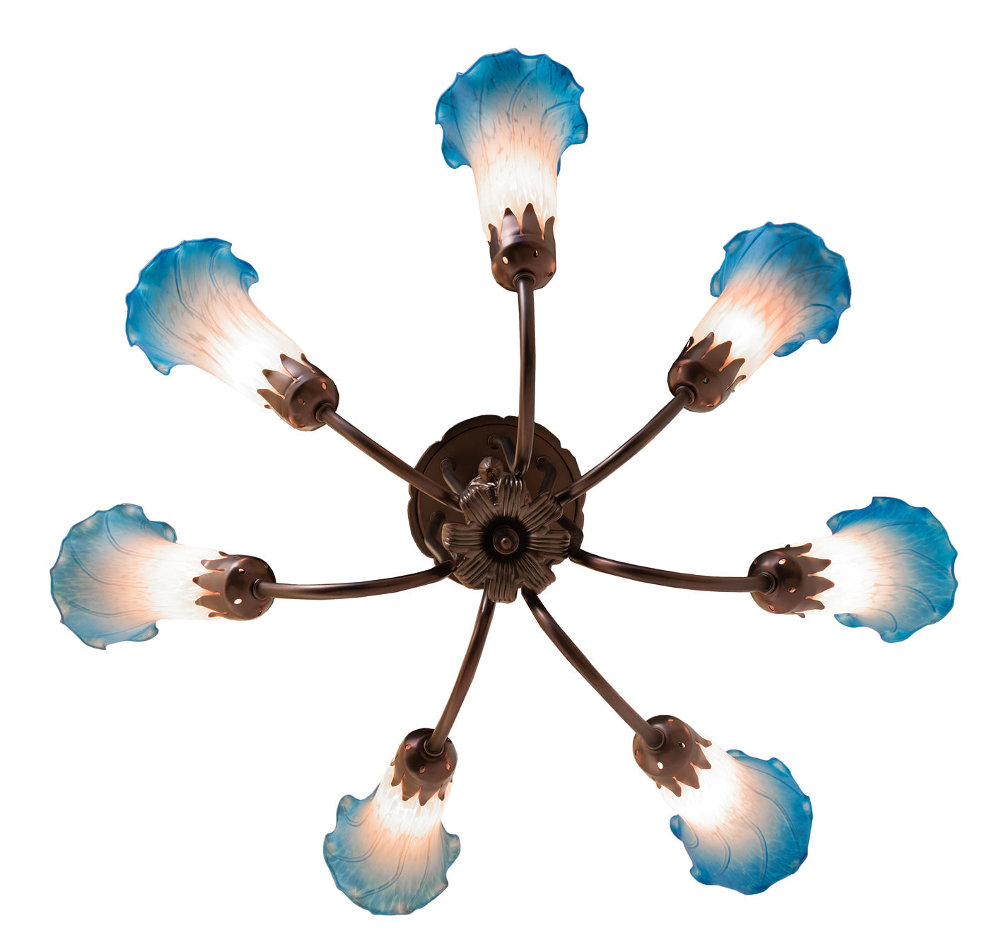 Meyda Lighting Tiffany Pond Lily 251584 24" 7-Light Mahogany Bronze Chandelier With Pink & Blue Shade Glass