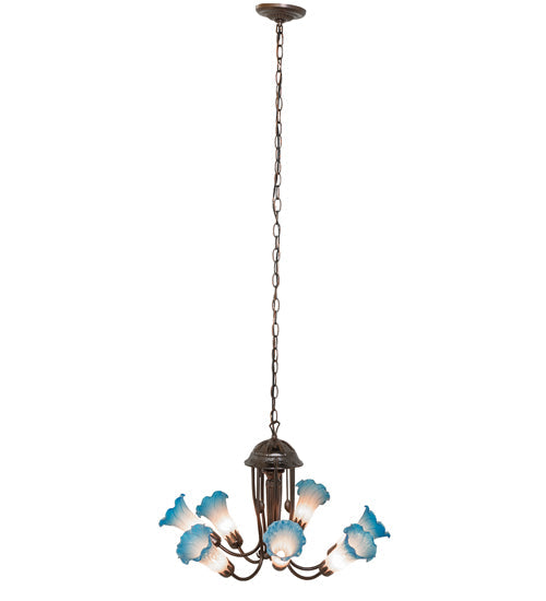 Meyda Lighting Tiffany Pond Lily 251584 24" 7-Light Mahogany Bronze Chandelier With Pink & Blue Shade Glass