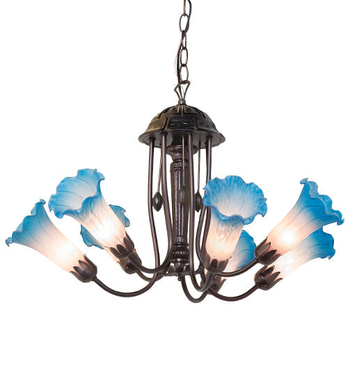 Meyda Lighting Tiffany Pond Lily 251584 24" 7-Light Mahogany Bronze Chandelier With Pink & Blue Shade Glass