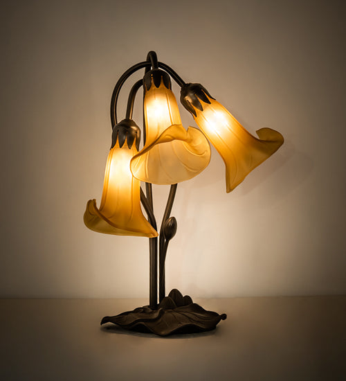 Meyda Lighting Tiffany Pond Lily 251683 16" 3-Light Mahogany Bronze Accent Table Lamp With Amber Shade Glass