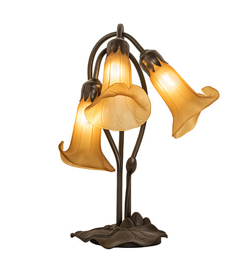 Meyda Lighting Tiffany Pond Lily 251683 16" 3-Light Mahogany Bronze Accent Table Lamp With Amber Shade Glass