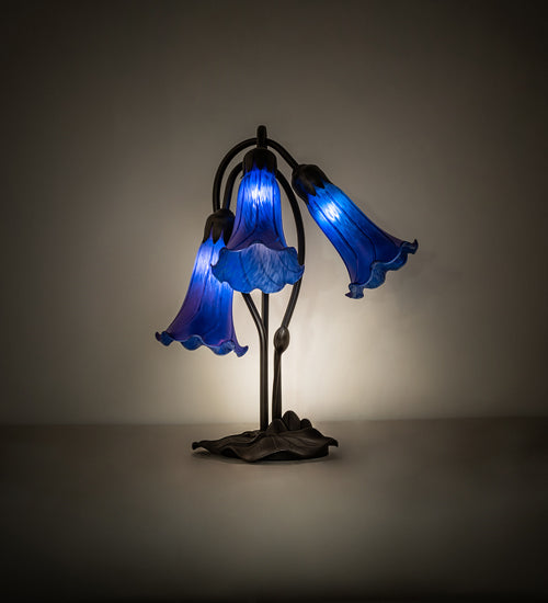 Meyda Lighting Tiffany Pond Lily 254291 16" 3-Light Mahogany Bronze Accent Table Lamp With Blue Shade Glass