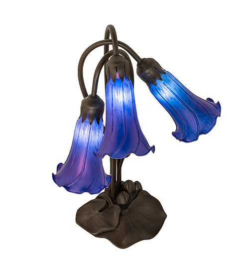 Meyda Lighting Tiffany Pond Lily 254291 16" 3-Light Mahogany Bronze Accent Table Lamp With Blue Shade Glass