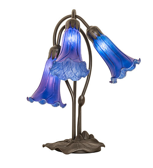 Meyda Lighting Tiffany Pond Lily 254291 16" 3-Light Mahogany Bronze Accent Table Lamp With Blue Shade Glass