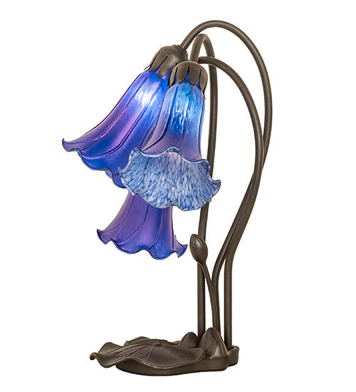 Meyda Lighting Tiffany Pond Lily 254291 16" 3-Light Mahogany Bronze Accent Table Lamp With Blue Shade Glass