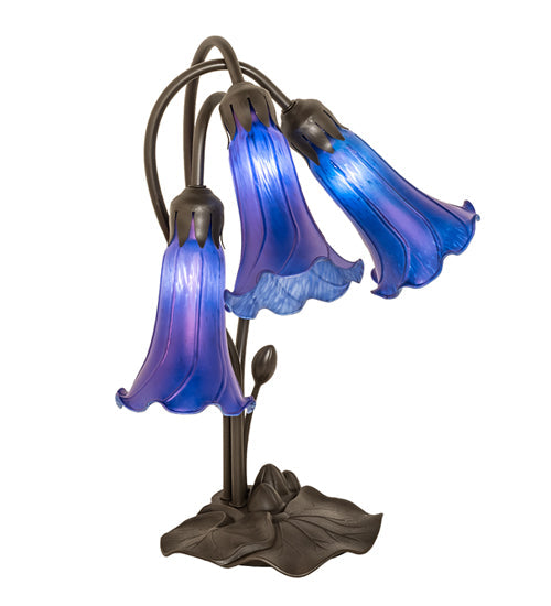 Meyda Lighting Tiffany Pond Lily 254291 16" 3-Light Mahogany Bronze Accent Table Lamp With Blue Shade Glass
