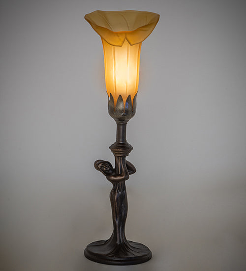 Meyda Lighting Tiffany Pond Lily 259392 15" Mahogany Bronze Nouveau Lady Accent Table Lamp With Amber Favrile Shade Glass