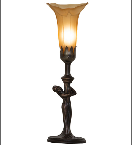 Meyda Lighting Tiffany Pond Lily 259392 15" Mahogany Bronze Nouveau Lady Accent Table Lamp With Amber Favrile Shade Glass