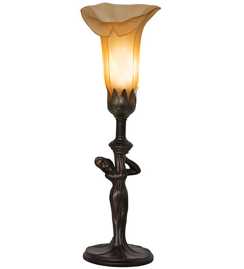 Meyda Lighting Tiffany Pond Lily 259392 15" Mahogany Bronze Nouveau Lady Accent Table Lamp With Amber Favrile Shade Glass