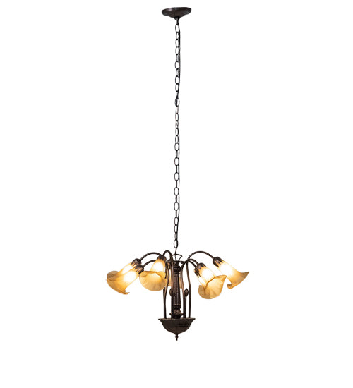 Meyda Lighting Tiffany Pond Lily 26" 7-Light Mahogany Bronze Chandelier With Yellow & Beige Shade Glass