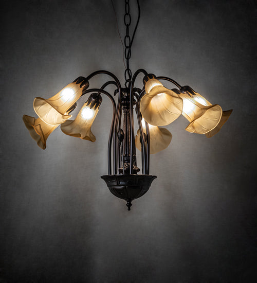 Meyda Lighting Tiffany Pond Lily 26" 7-Light Mahogany Bronze Chandelier With Yellow & Beige Shade Glass