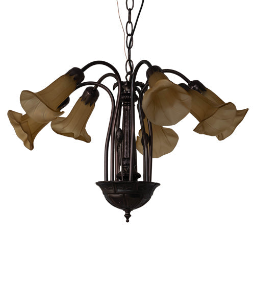 Meyda Lighting Tiffany Pond Lily 26" 7-Light Mahogany Bronze Chandelier With Yellow & Beige Shade Glass