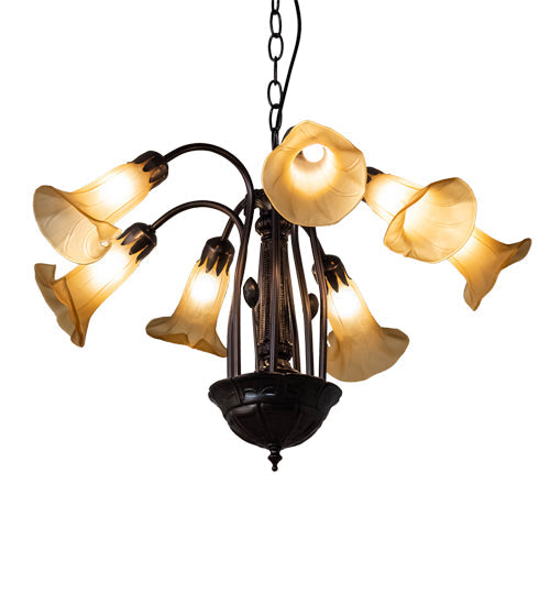 Meyda Lighting Tiffany Pond Lily 26" 7-Light Mahogany Bronze Chandelier With Yellow & Beige Shade Glass