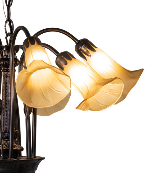 Meyda Lighting Tiffany Pond Lily 26" 7-Light Mahogany Bronze Chandelier With Yellow & Beige Shade Glass