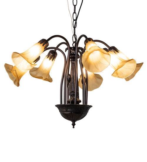 Meyda Lighting Tiffany Pond Lily 26" 7-Light Mahogany Bronze Chandelier With Yellow & Beige Shade Glass