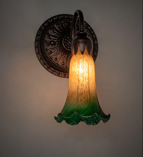 Meyda Lighting Tiffany Pond Lily 5" Mahogany Bronze Wall Sconce With Amber & Green Shade Glass