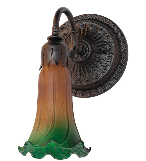 Meyda Lighting Tiffany Pond Lily 5" Mahogany Bronze Wall Sconce With Amber & Green Shade Glass