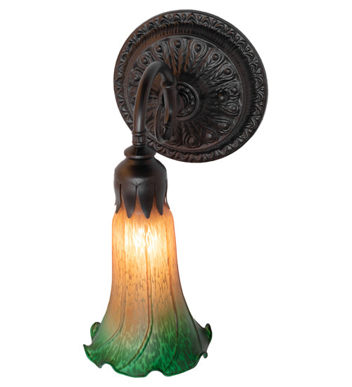 Meyda Lighting Tiffany Pond Lily 5" Mahogany Bronze Wall Sconce With Amber & Green Shade Glass