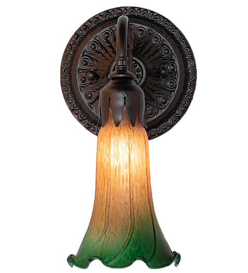 Meyda Lighting Tiffany Pond Lily 5" Mahogany Bronze Wall Sconce With Amber & Green Shade Glass