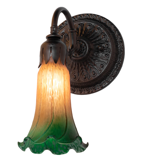 Meyda Lighting Tiffany Pond Lily 5" Mahogany Bronze Wall Sconce With Amber & Green Shade Glass