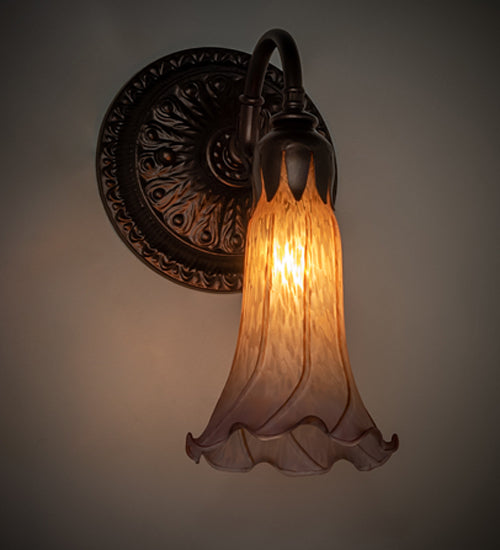 Meyda Lighting Tiffany Pond Lily 5" Mahogany Bronze Wall Sconce With Amber & Purple Favrile Shade Glass