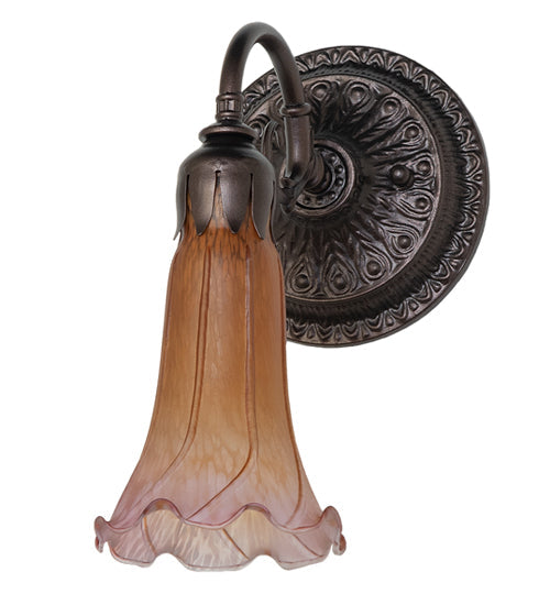 Meyda Lighting Tiffany Pond Lily 5" Mahogany Bronze Wall Sconce With Amber & Purple Favrile Shade Glass