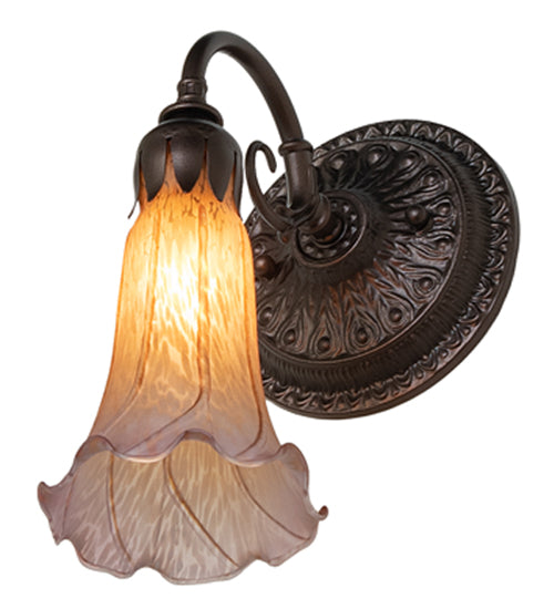 Meyda Lighting Tiffany Pond Lily 5" Mahogany Bronze Wall Sconce With Amber & Purple Favrile Shade Glass