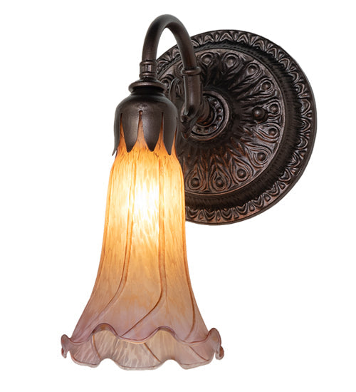 Meyda Lighting Tiffany Pond Lily 5" Mahogany Bronze Wall Sconce With Amber & Purple Favrile Shade Glass