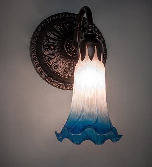 Meyda Lighting Tiffany Pond Lily 5" Mahogany Bronze Wall Sconce With Pink & Blue Shade Glass